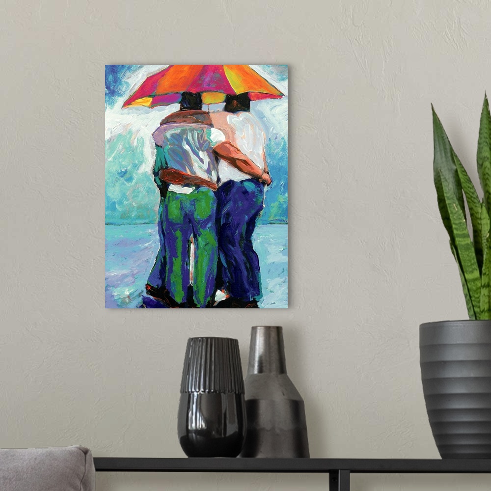 A modern room featuring An impressionist style painting of friends together during a sudden rainstorm with one umbrella t...
