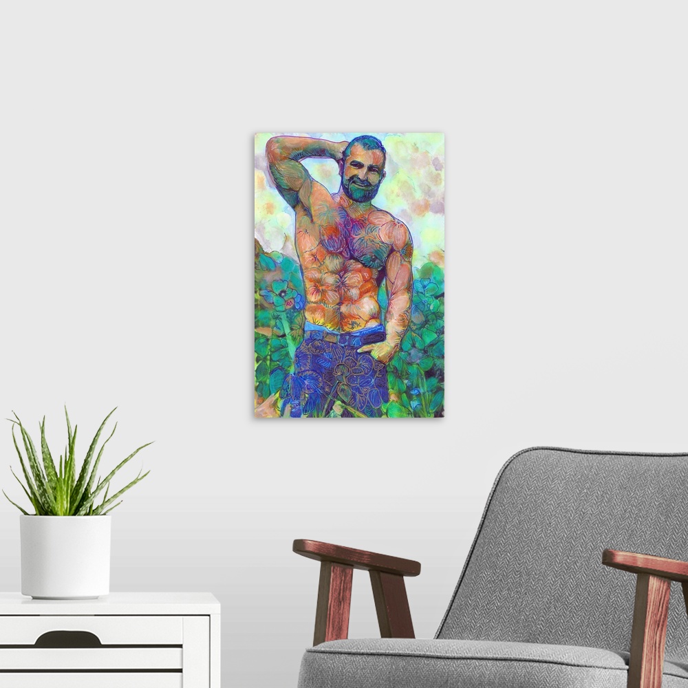 A modern room featuring Hello Bear, a Flower Bear Garden painting by RD Riccoboni. A masculine man painted in a floral mo...