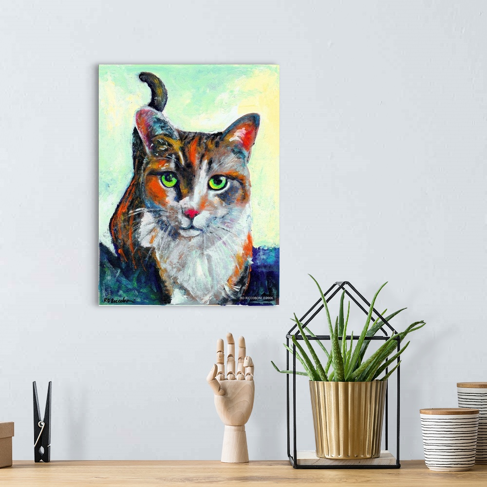 A bohemian room featuring Hello There, Cat Portrait of Kate by RD Riccoboni, A calico tabby. A calico cat is not a breed of...