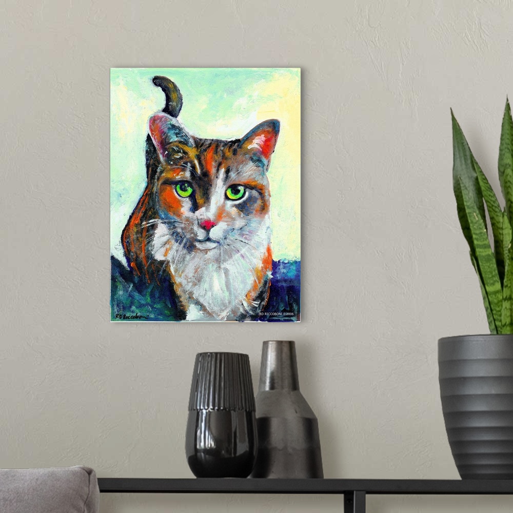 A modern room featuring Hello There, Cat Portrait of Kate by RD Riccoboni, A calico tabby. A calico cat is not a breed of...