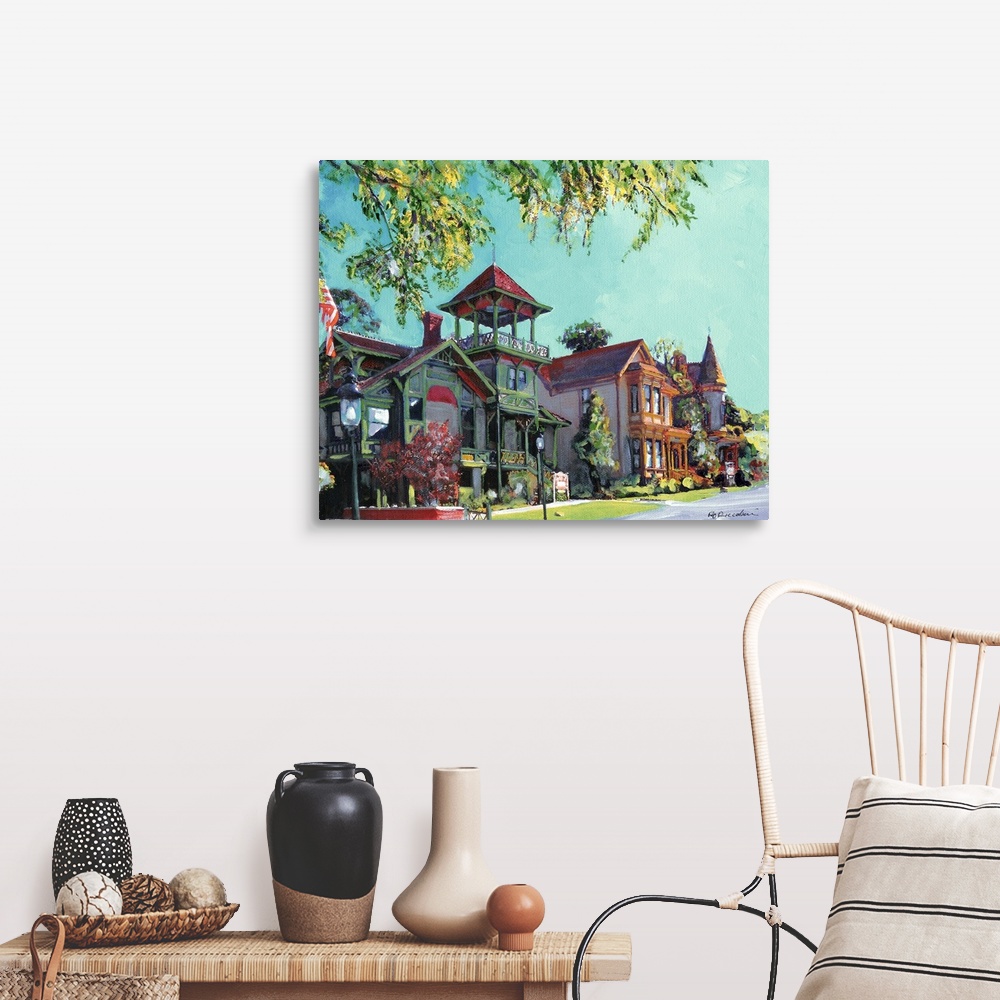 A farmhouse room featuring Heritage Park Row in Old Town San Diego, California. Acrylic painting by artist RD Riccoboni. Ele...