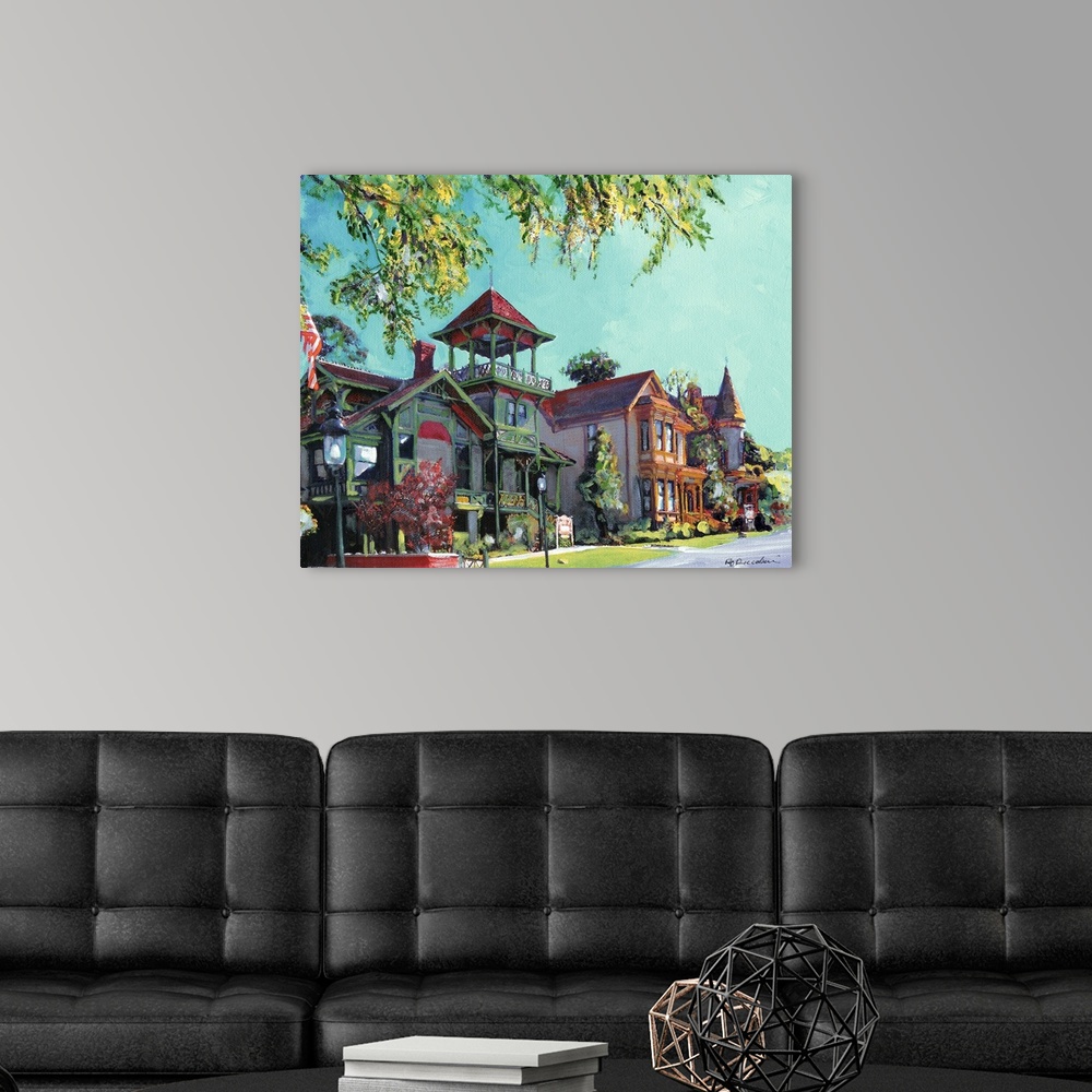A modern room featuring Heritage Park Row in Old Town San Diego, California. Acrylic painting by artist RD Riccoboni. Ele...