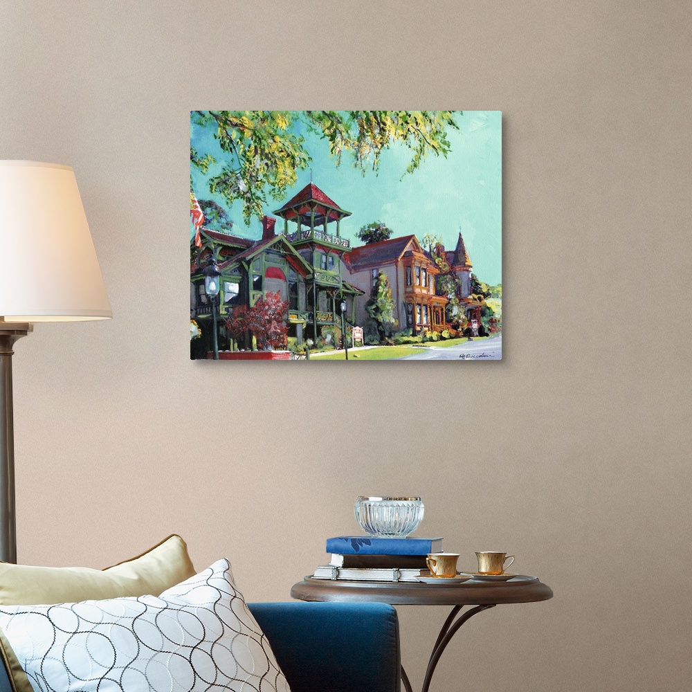A traditional room featuring Heritage Park Row in Old Town San Diego, California. Acrylic painting by artist RD Riccoboni. Ele...