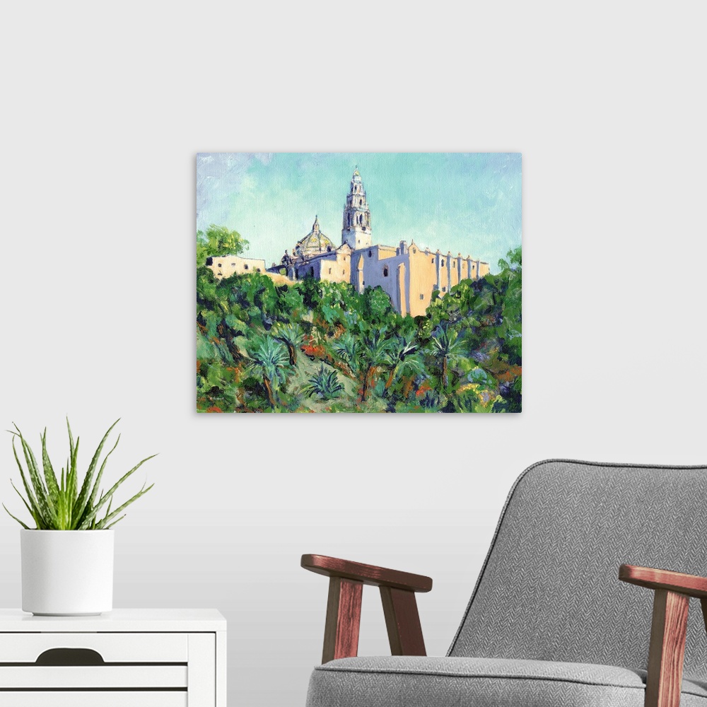 A modern room featuring Historic Palm Canyon Balboa Park, San Diego, California. Painting by RD Riccoboni.  Centerpiece o...