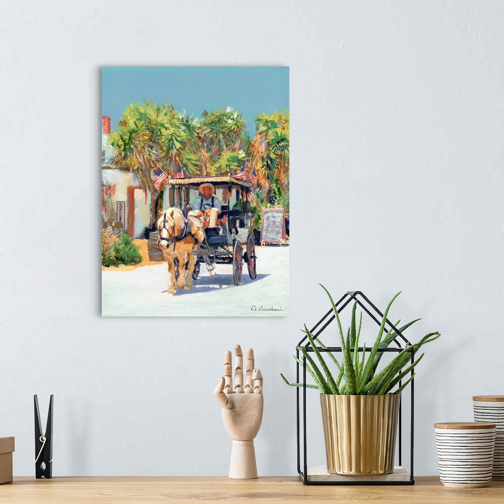 A bohemian room featuring Holiday Ride in The Park, painting of Old Town San Diego, California by RD Riccoboni.