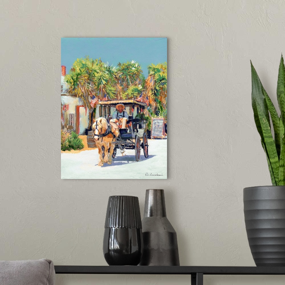 A modern room featuring Holiday Ride in The Park, painting of Old Town San Diego, California by RD Riccoboni.