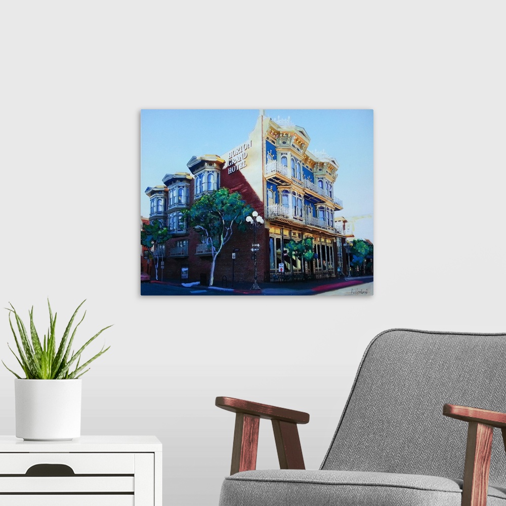 A modern room featuring Horton Grand Hotel, Gas lamp, San Diego, California painting by RD Riccoboni.  Acrylic on canvas....