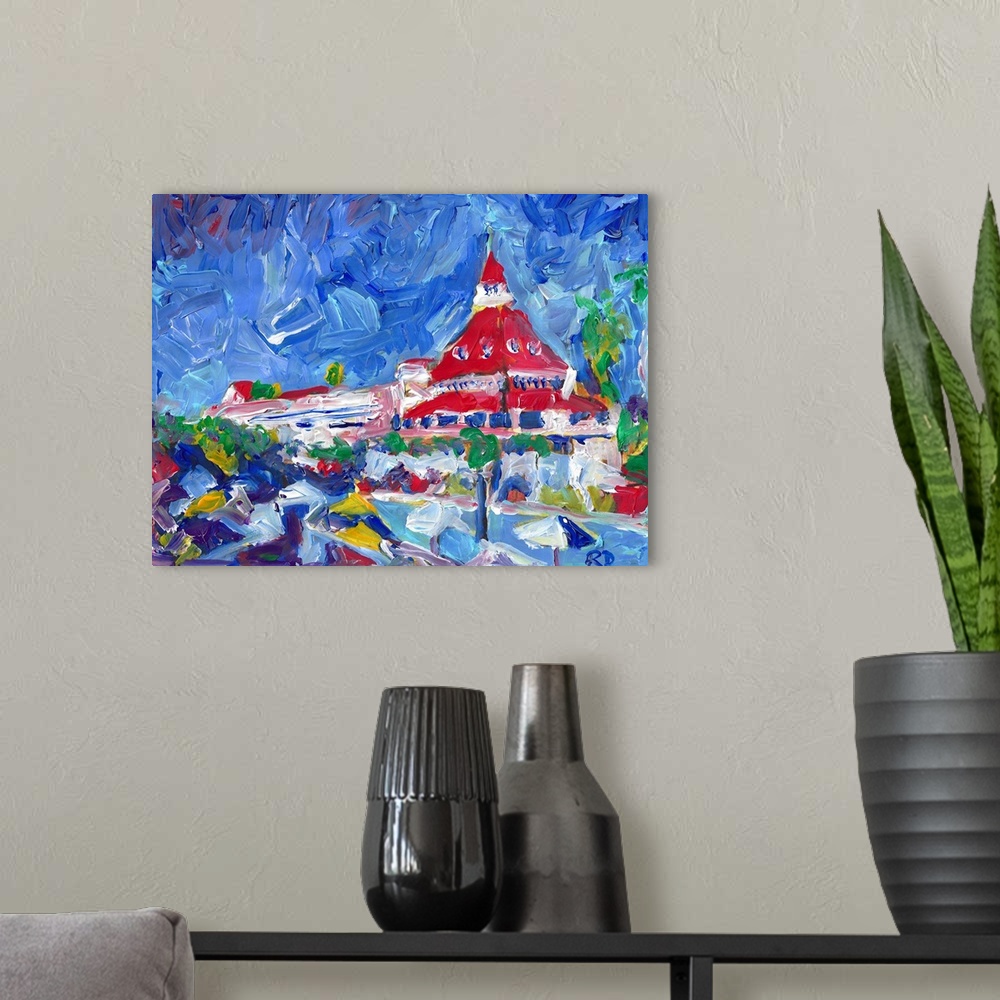 A modern room featuring Hotel del Coronado Poolside Abstract by artist RD RIccoboni