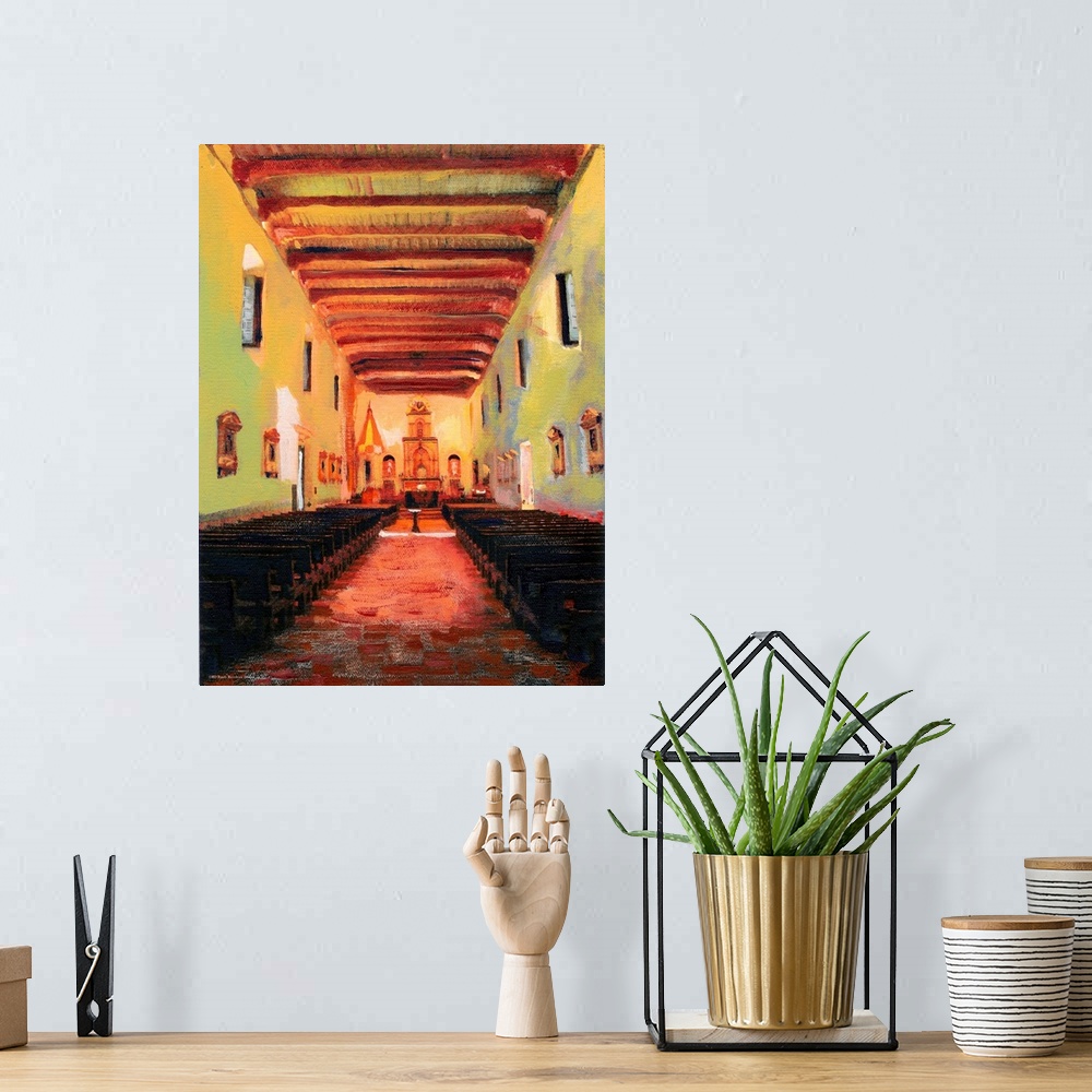 A bohemian room featuring Interior of San Diego de Alcala Mission, painting by California artist RD Riccoboni. A beautiful ...