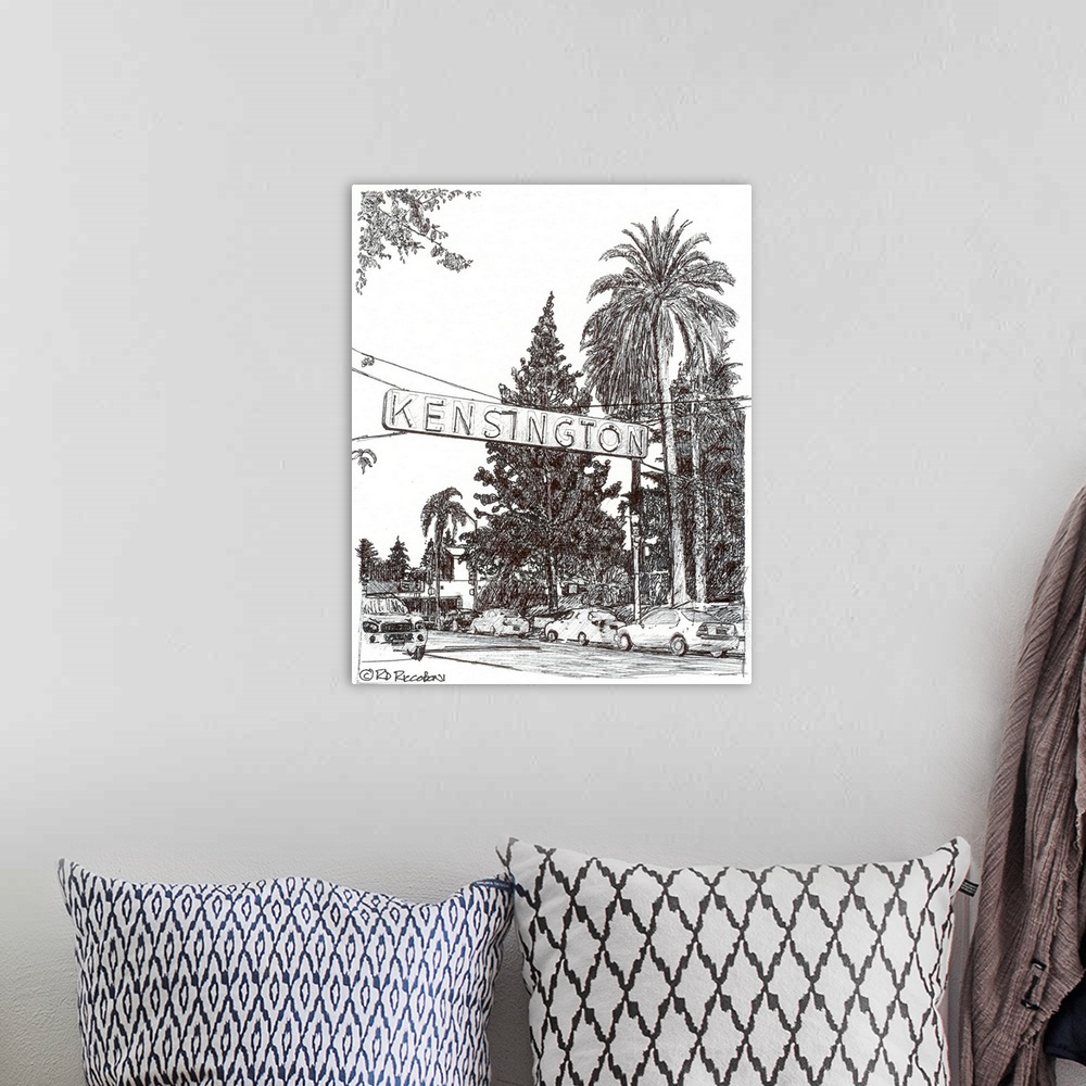 A bohemian room featuring Kensington - San Diego - Pen and Ink drawing of the beloved neighborhood sign by California artis...