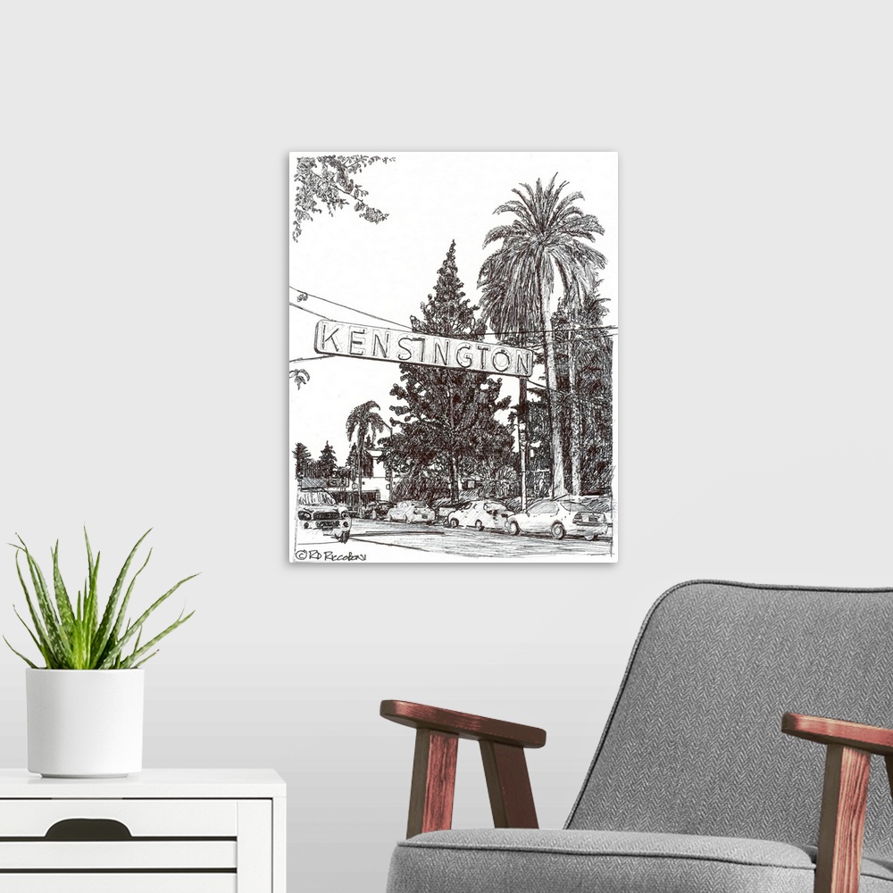 A modern room featuring Kensington - San Diego - Pen and Ink drawing of the beloved neighborhood sign by California artis...