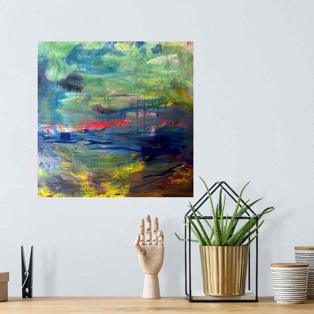A bohemian room featuring KOI Pond Abstract painting of Balboa Park San Diego by RD Riccoboni. Original from the artist's c...