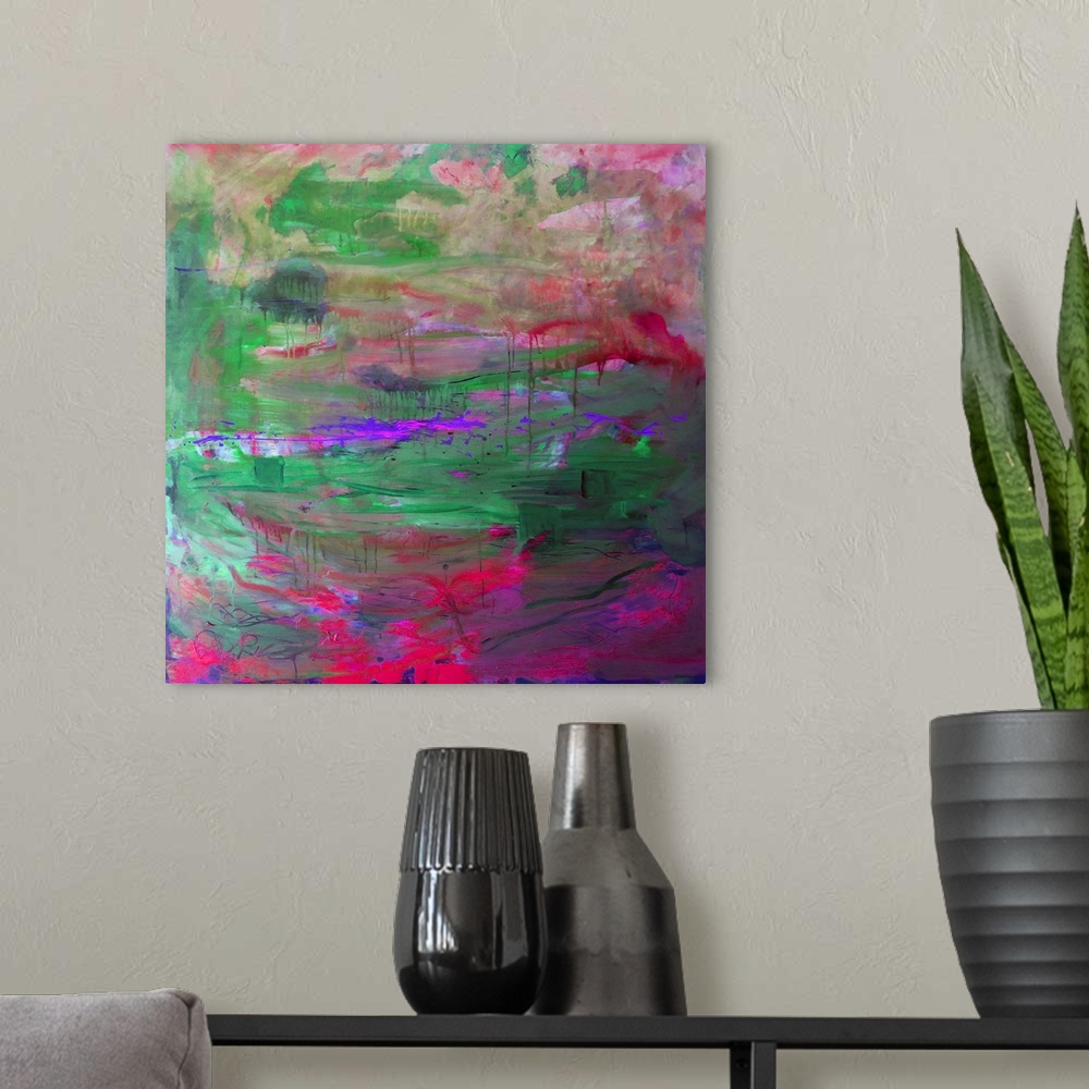 A modern room featuring Red Waterlilies Balboa Park San Diego. Abstract painting by RD Riccoboni.  Red, greens, purples d...