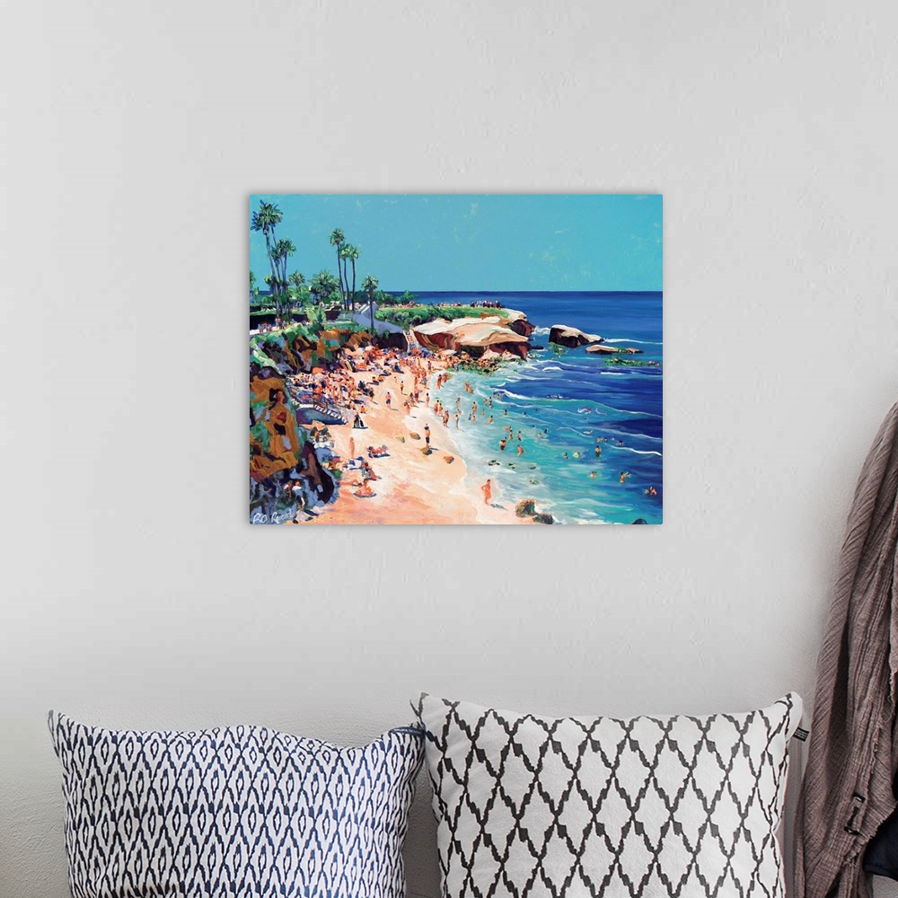 A bohemian room featuring Painting of swimmers, surfers, snorkeling, and sun bathing at the world famous park and beach in ...