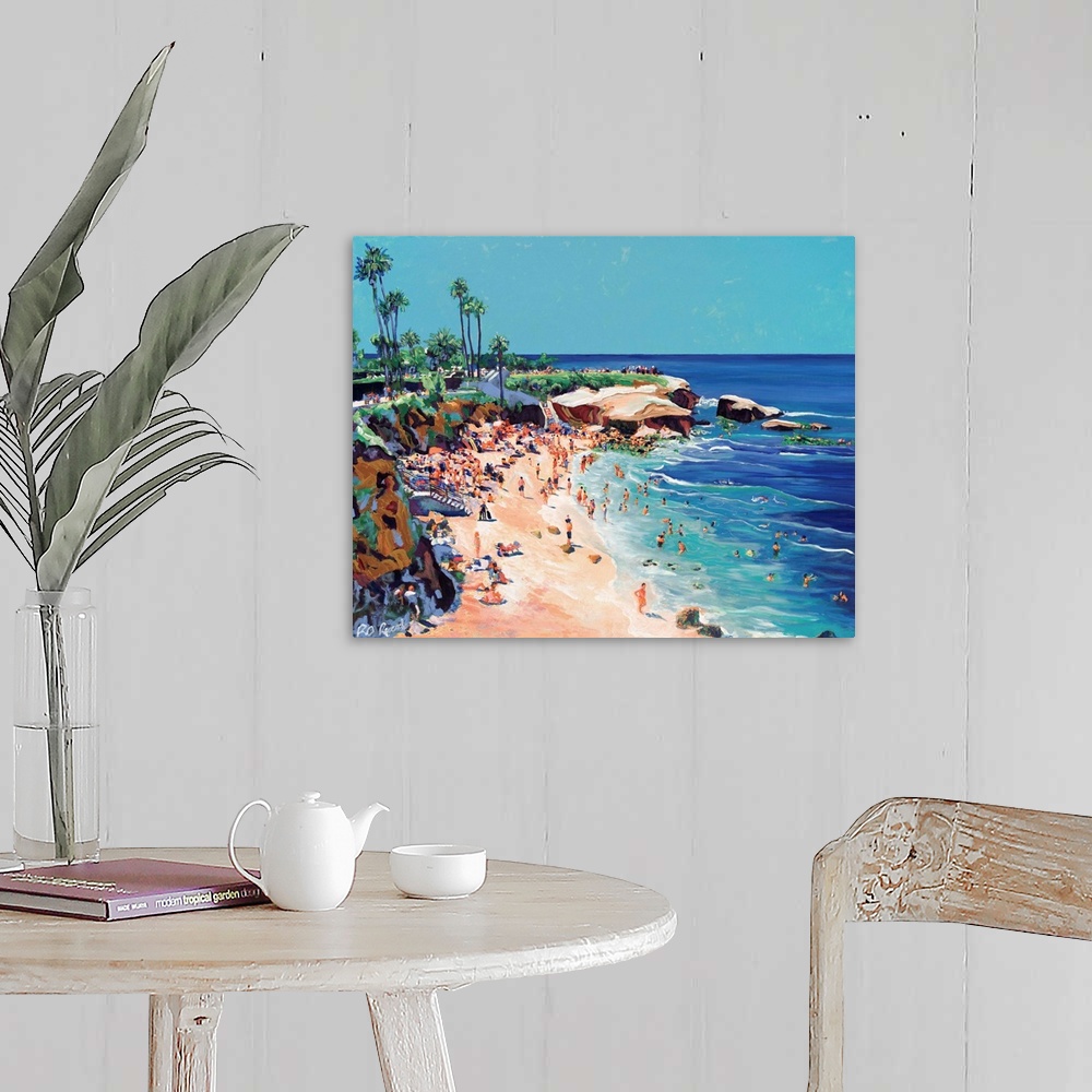 A farmhouse room featuring Painting of swimmers, surfers, snorkeling, and sun bathing at the world famous park and beach in ...