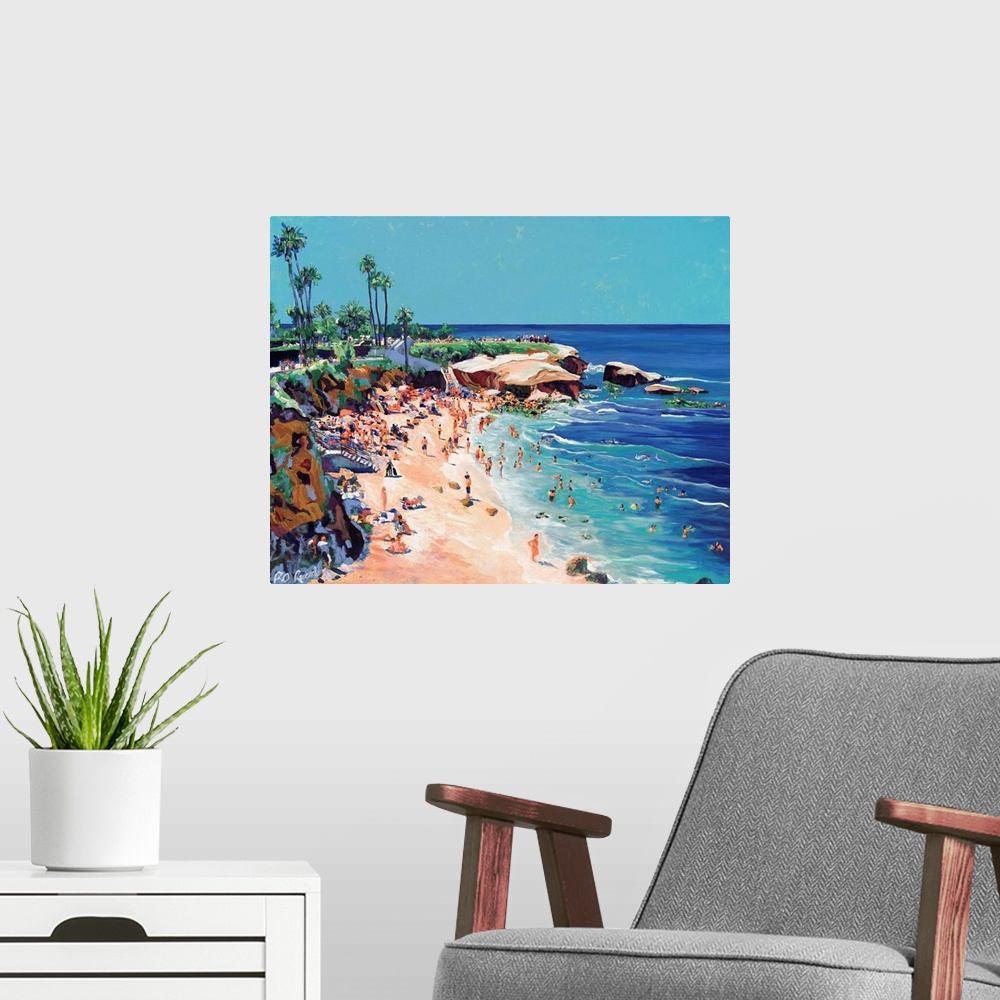 A modern room featuring Painting of swimmers, surfers, snorkeling, and sun bathing at the world famous park and beach in ...