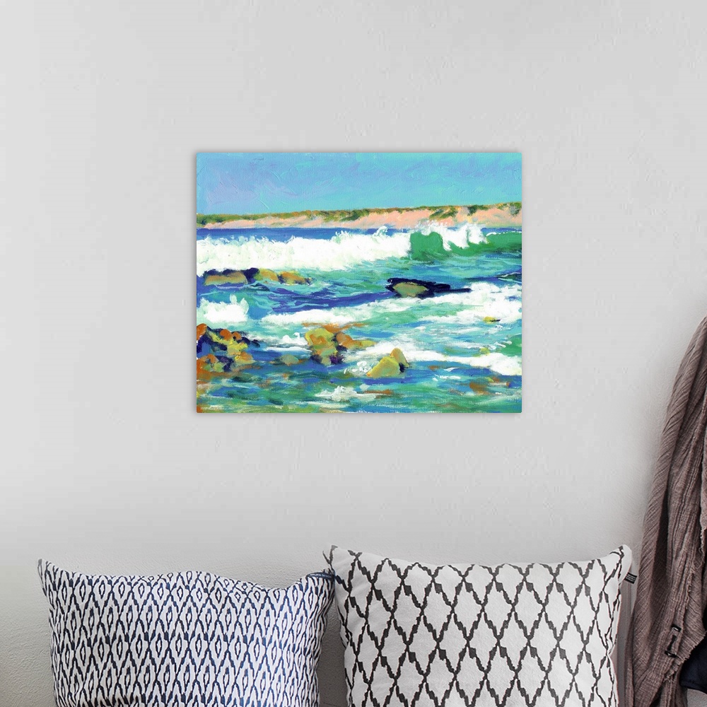 A bohemian room featuring La Jolla Waves painting By RD Riccoboni. Beautiful La Jolla Cove, in San Diego California. The cl...