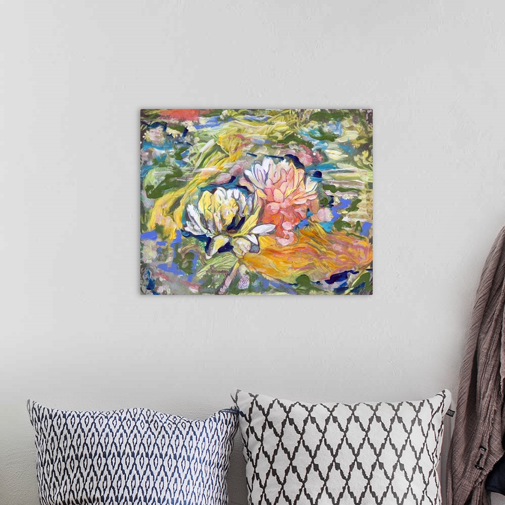 A bohemian room featuring Lily and koi fish pond abstract by RD Riccoboni