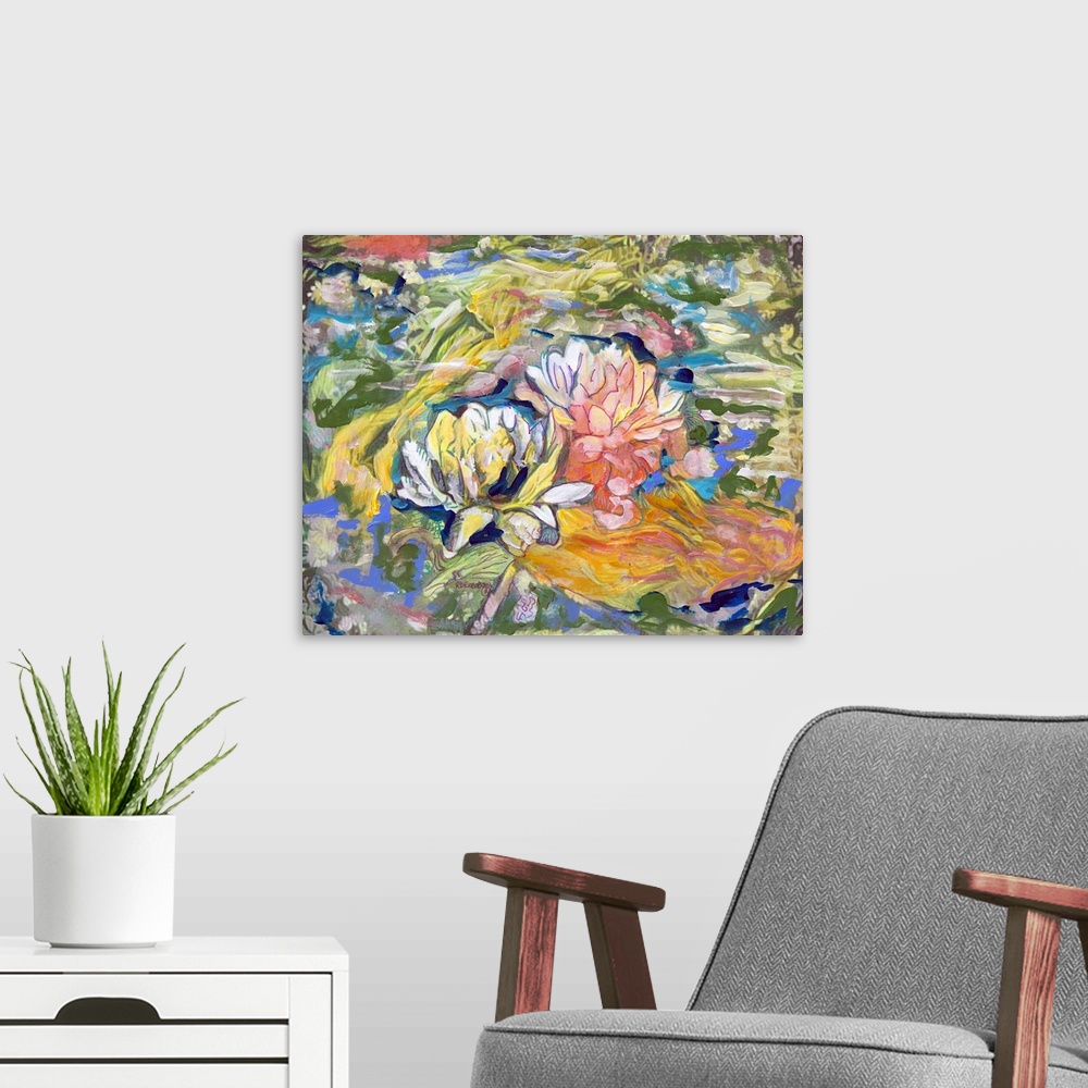 A modern room featuring Lily and koi fish pond abstract by RD Riccoboni