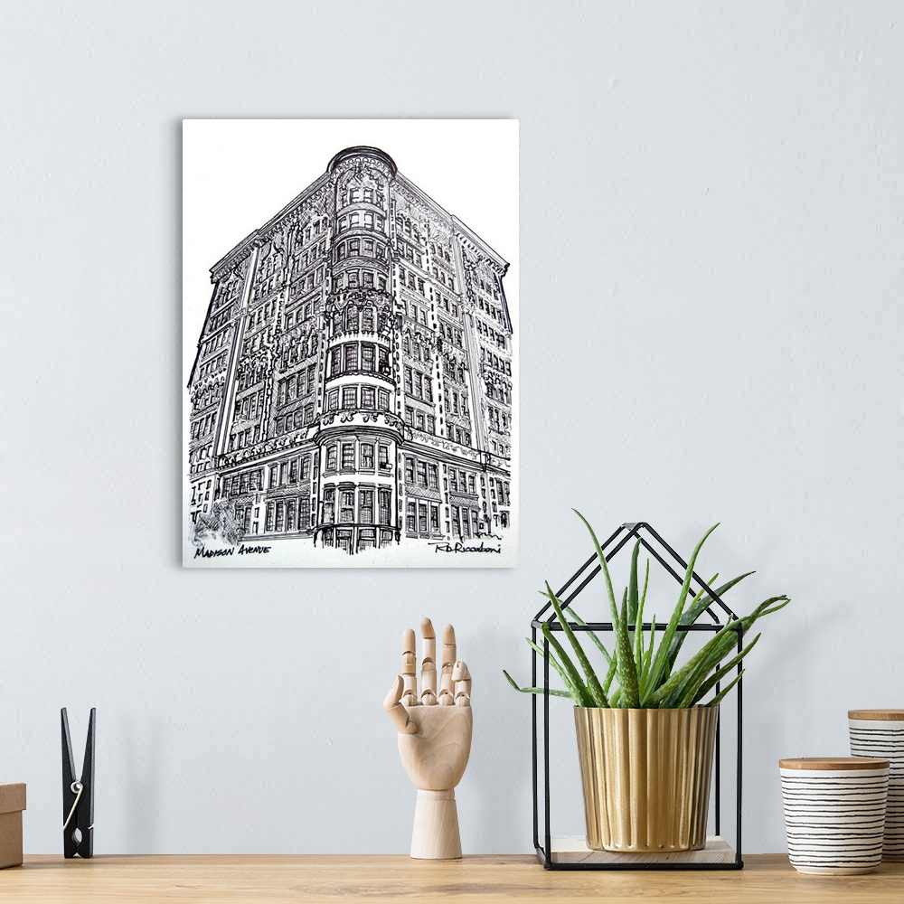 A bohemian room featuring Madison Avenue, New York City, pen and ink drawing by RD Riccoboni.
