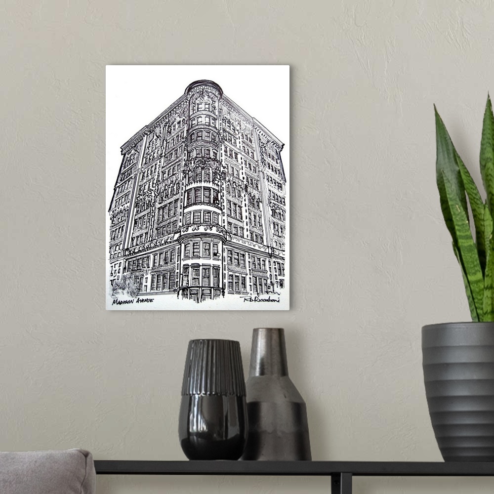 A modern room featuring Madison Avenue, New York City, pen and ink drawing by RD Riccoboni.