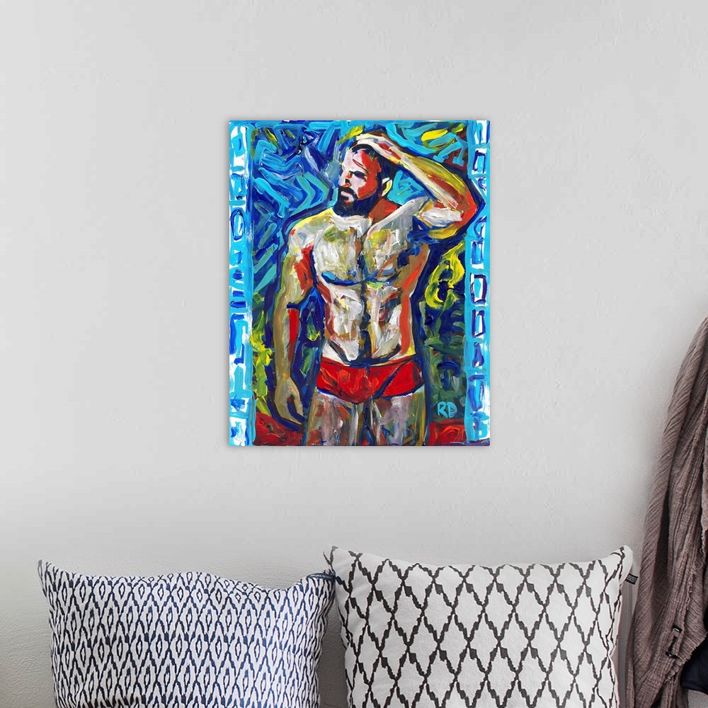 A bohemian room featuring Man in Red by RD Riccoboni. A Contemporary impressionist style beefcake painting of a sexy dark h...