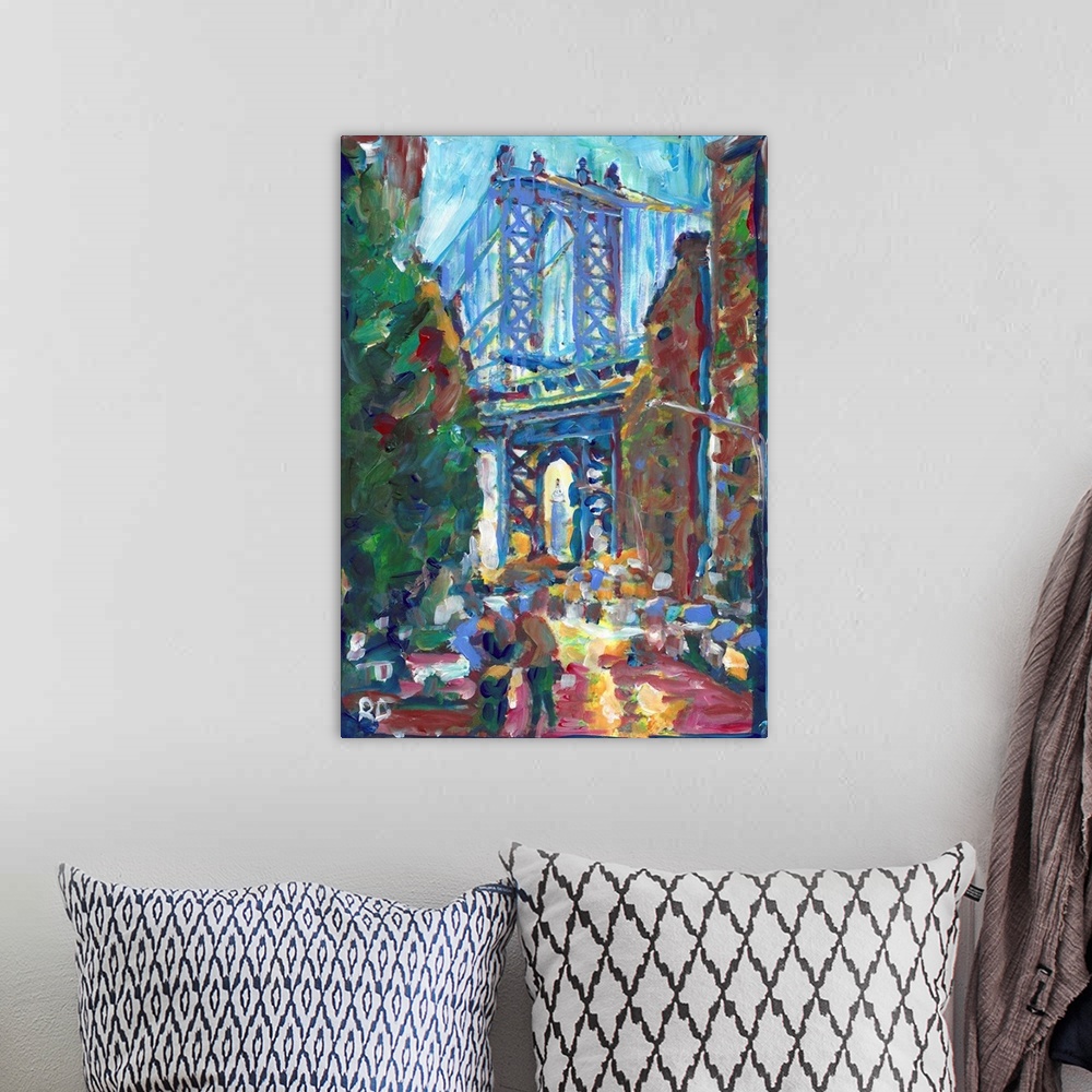 A bohemian room featuring New York City Dumbo Brooklyn Manhattan Suspension Bridge painting by RD Riccoboni.