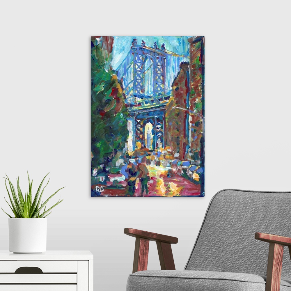 A modern room featuring New York City Dumbo Brooklyn Manhattan Suspension Bridge painting by RD Riccoboni.