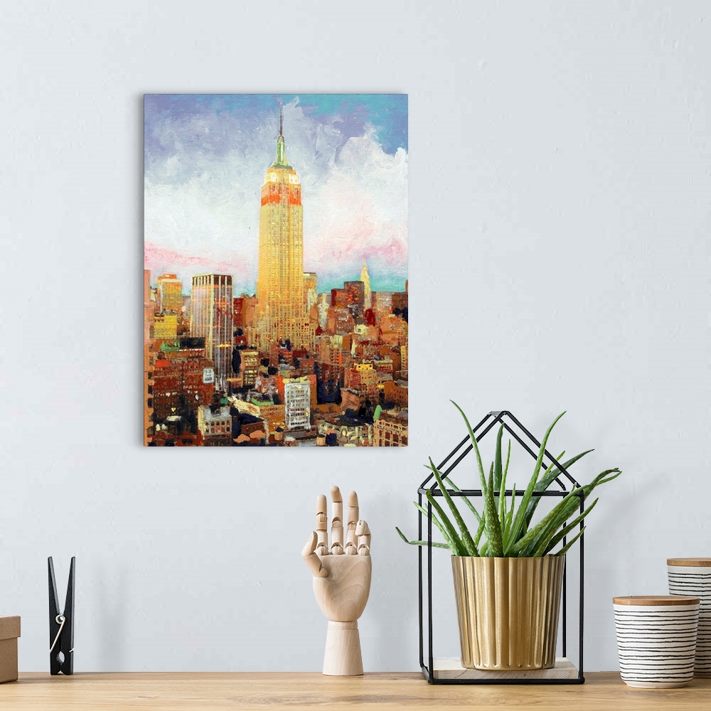 A bohemian room featuring Empire State Building in the morning as the skyline comes to life in the day time colors from nig...