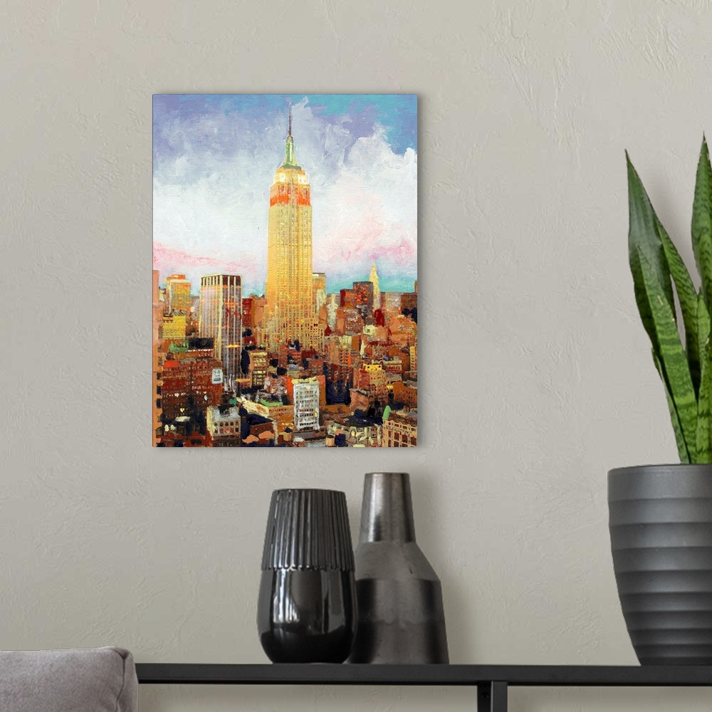 A modern room featuring Empire State Building in the morning as the skyline comes to life in the day time colors from nig...