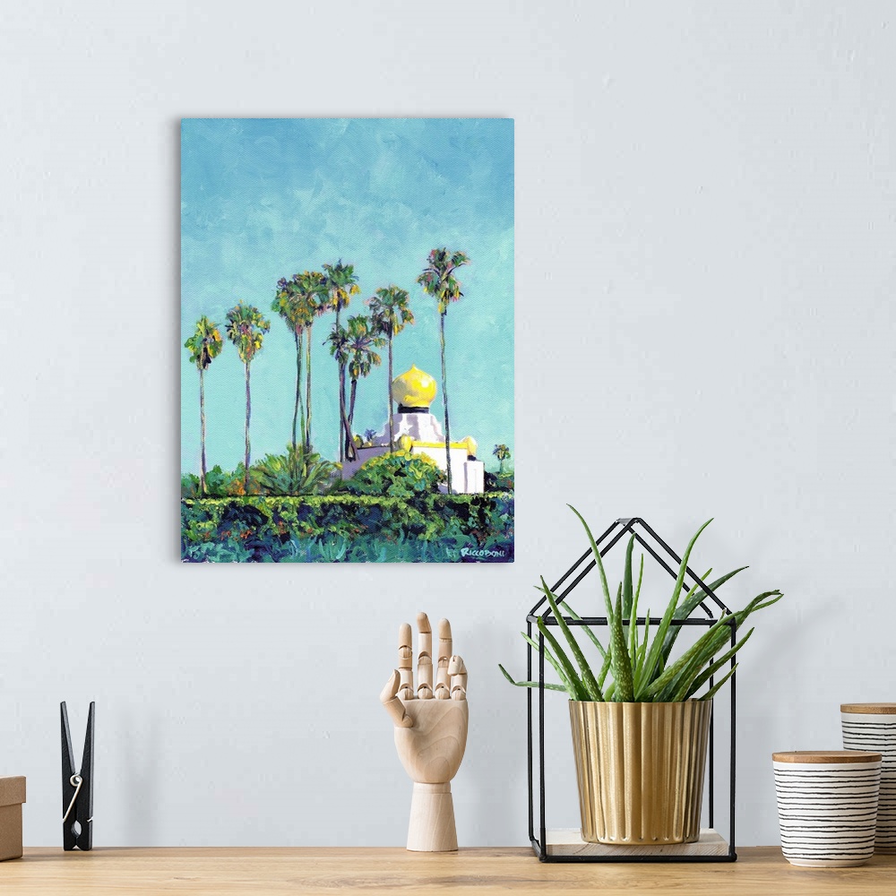 A bohemian room featuring Painting of the Meditation Gardens at Swami's in Encinitas, California with palm trees surroundin...