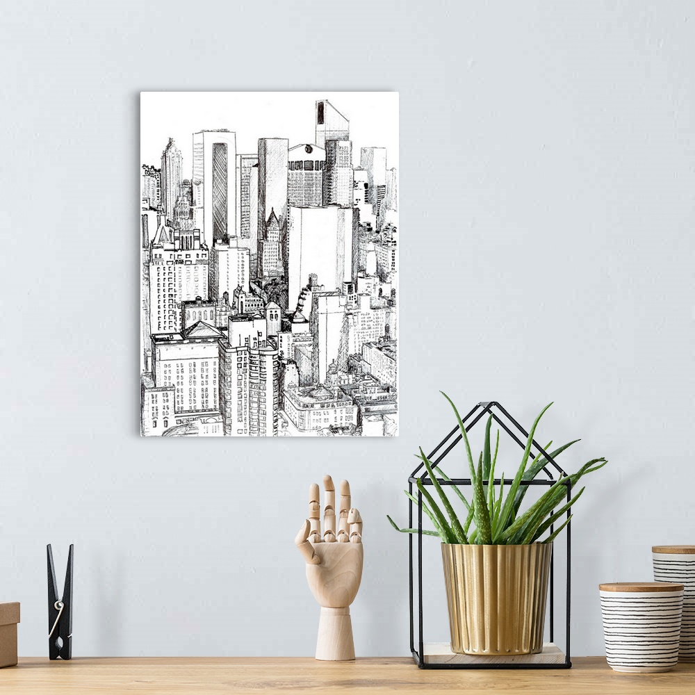 A bohemian room featuring Midtown Manhattan, a pen and ink drawing of New York City by RD Riccoboni.  A view of the density...