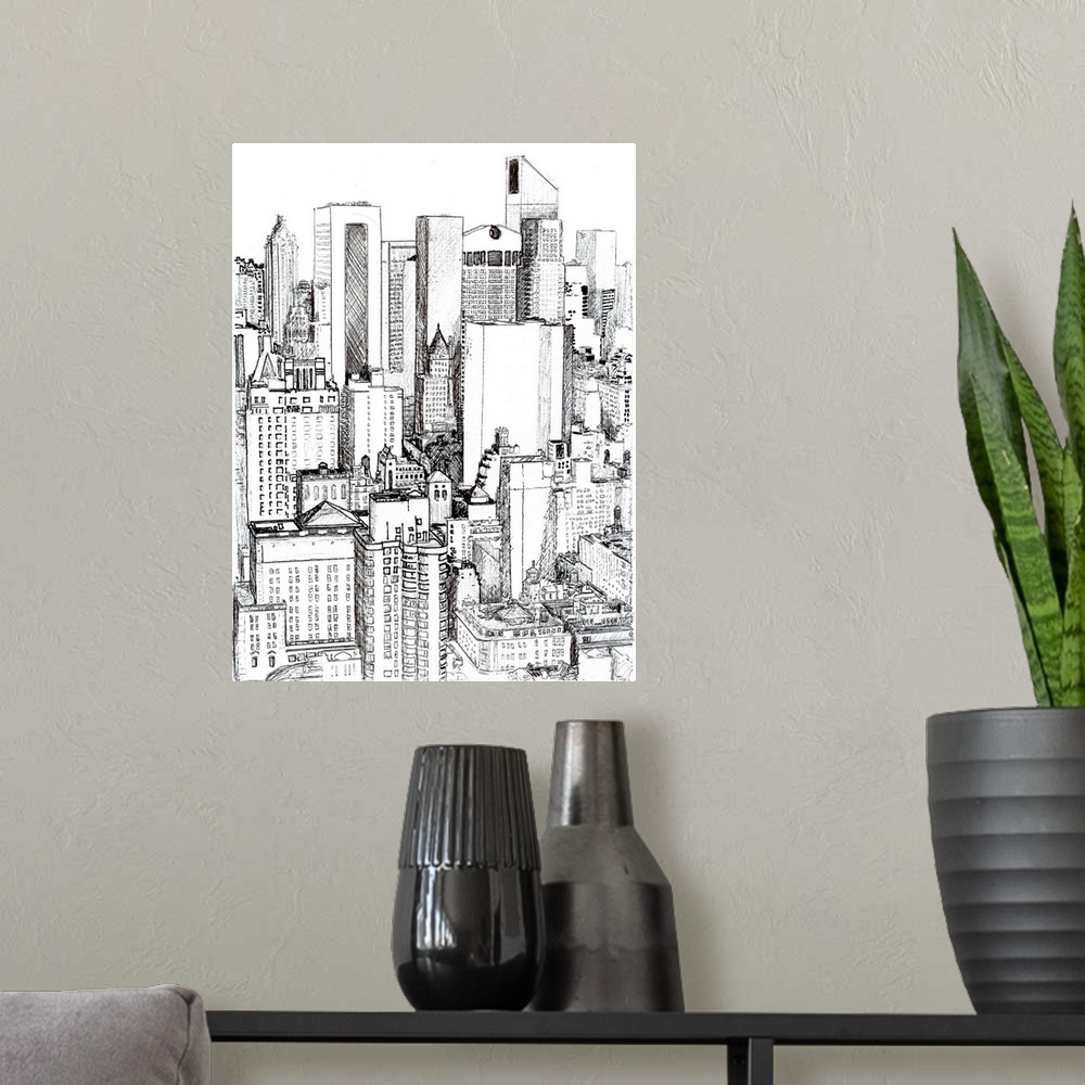 A modern room featuring Midtown Manhattan, a pen and ink drawing of New York City by RD Riccoboni.  A view of the density...