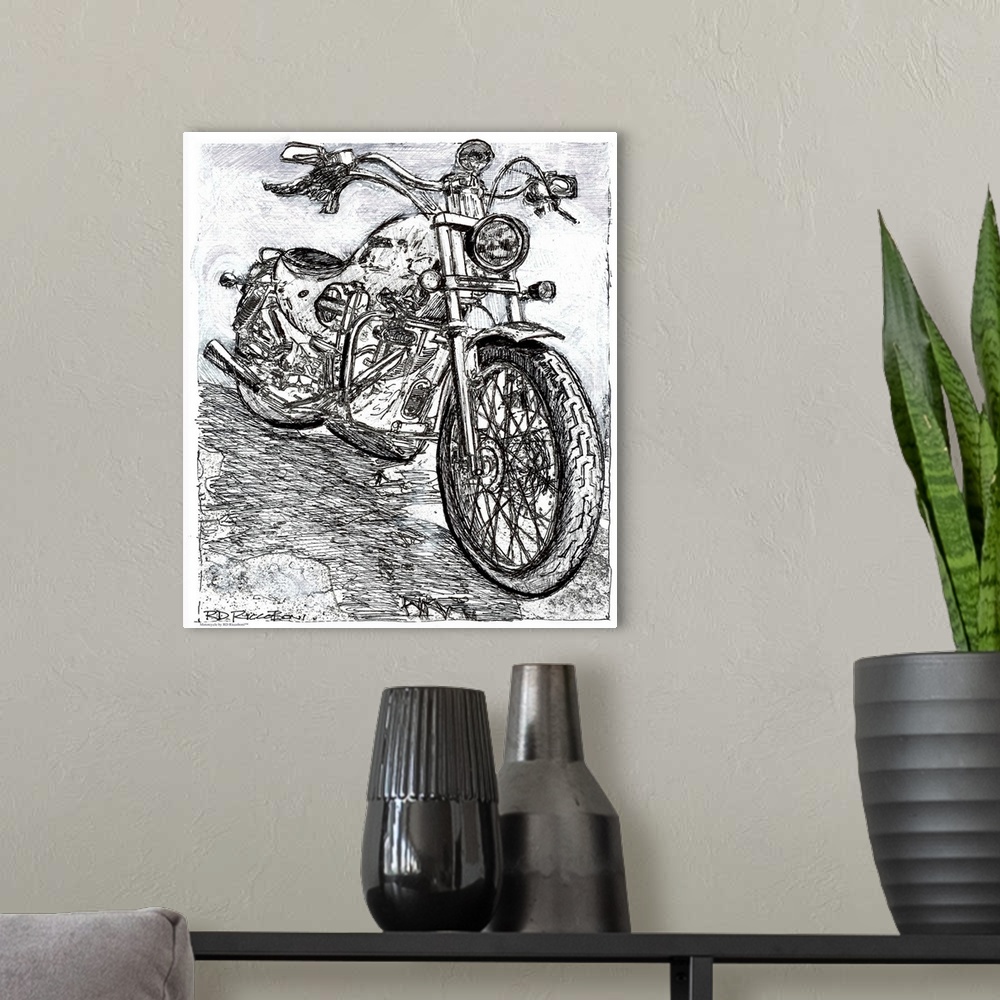 A modern room featuring Pen and ink drawing, motorcycle by RD Riccoboni.