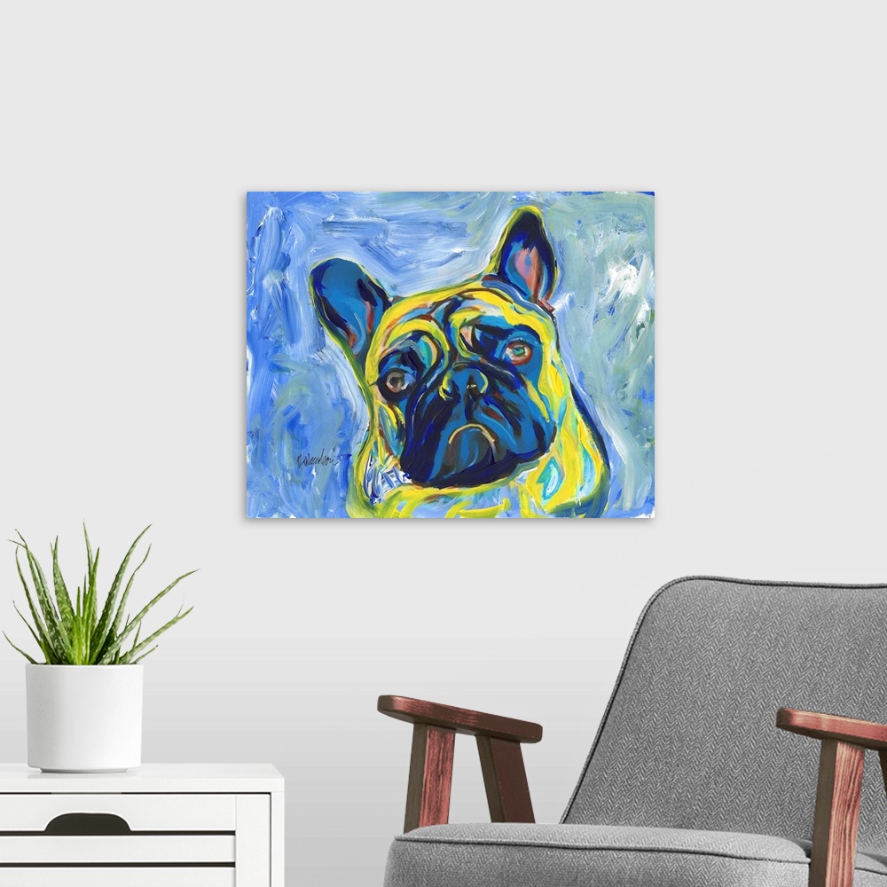 A modern room featuring Mr. Frenchie