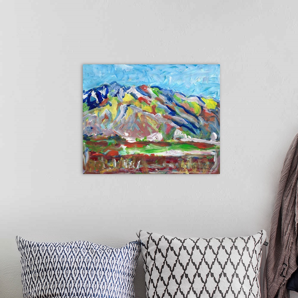 A bohemian room featuring Palm Springs California Mt San Jacinto Spring Snow Abstract painting by RD Riccoboni