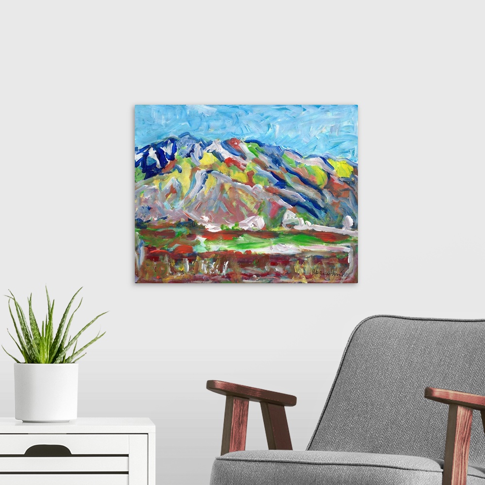 A modern room featuring Palm Springs California Mt San Jacinto Spring Snow Abstract painting by RD Riccoboni