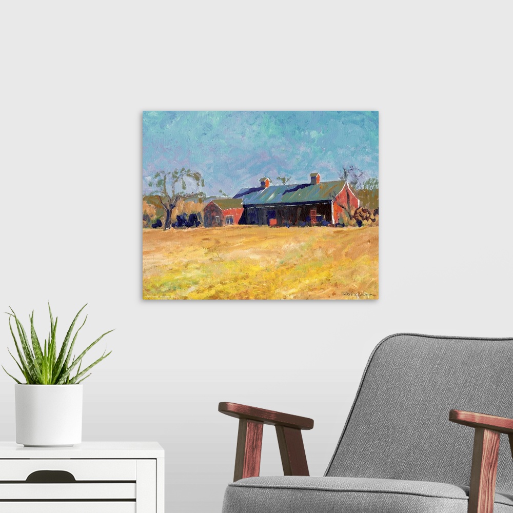 A modern room featuring The Red Barn by american artist RD Randy Riccoboni. An endangered species of american architectur...