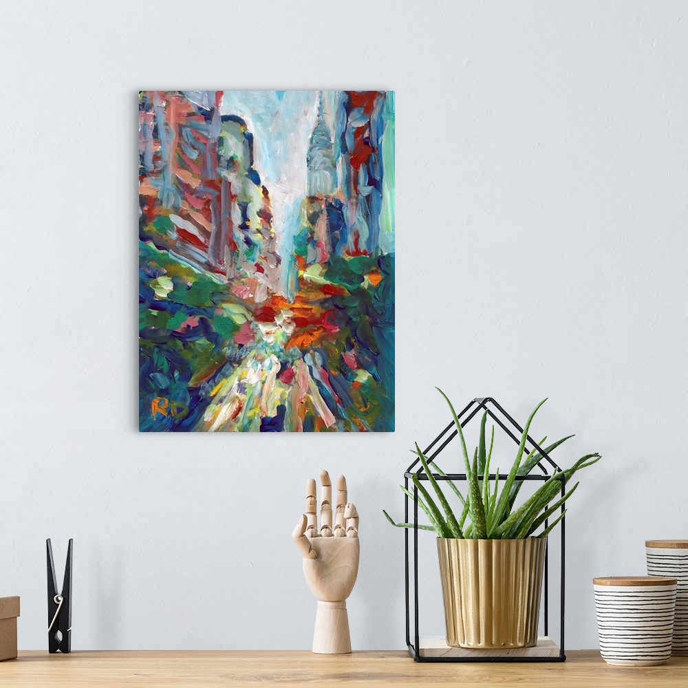 A bohemian room featuring New York 42nd Street Chrysler Building by RD Riccoboni, Abstract painting of NYC in green, blue, ...