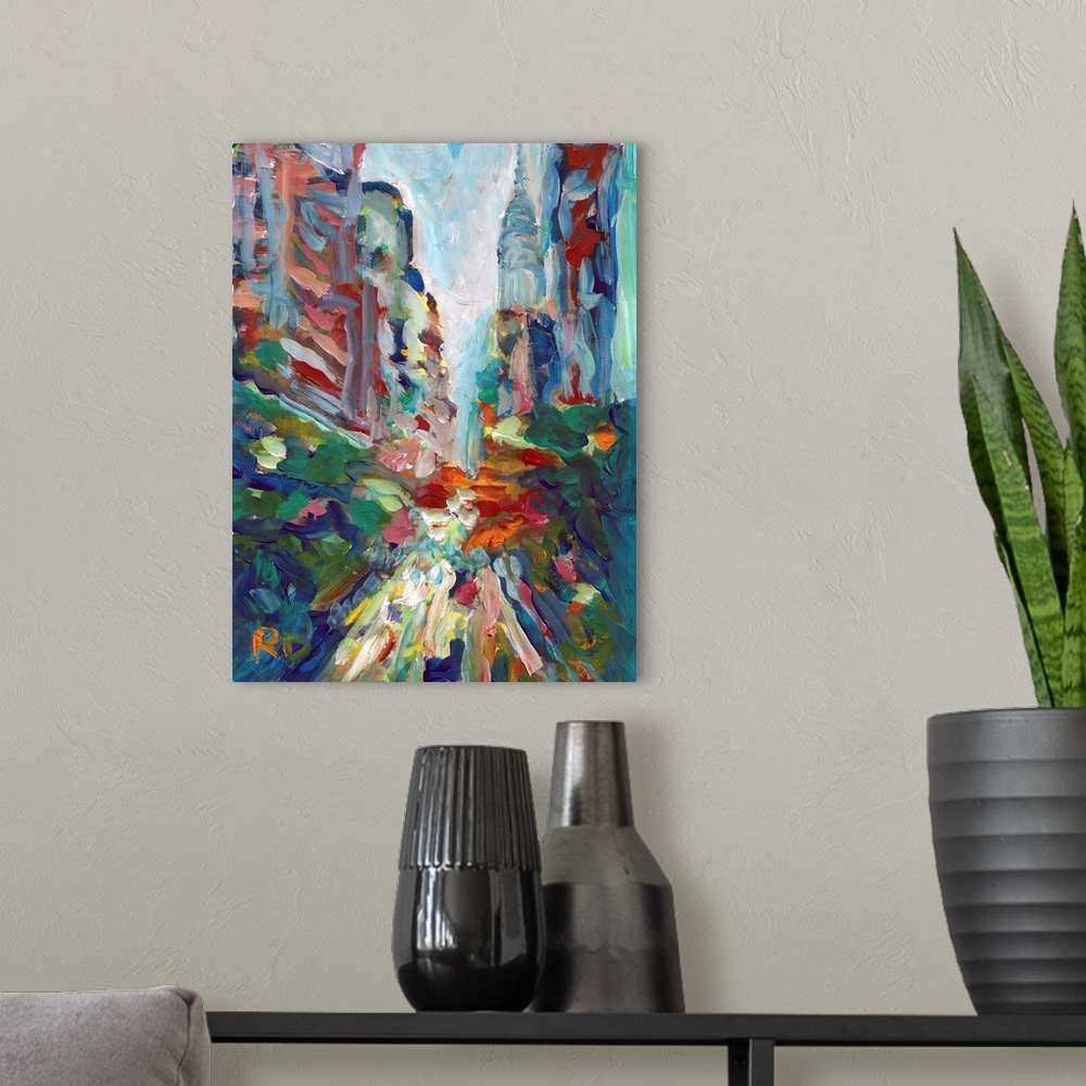 A modern room featuring New York 42nd Street Chrysler Building by RD Riccoboni, Abstract painting of NYC in green, blue, ...