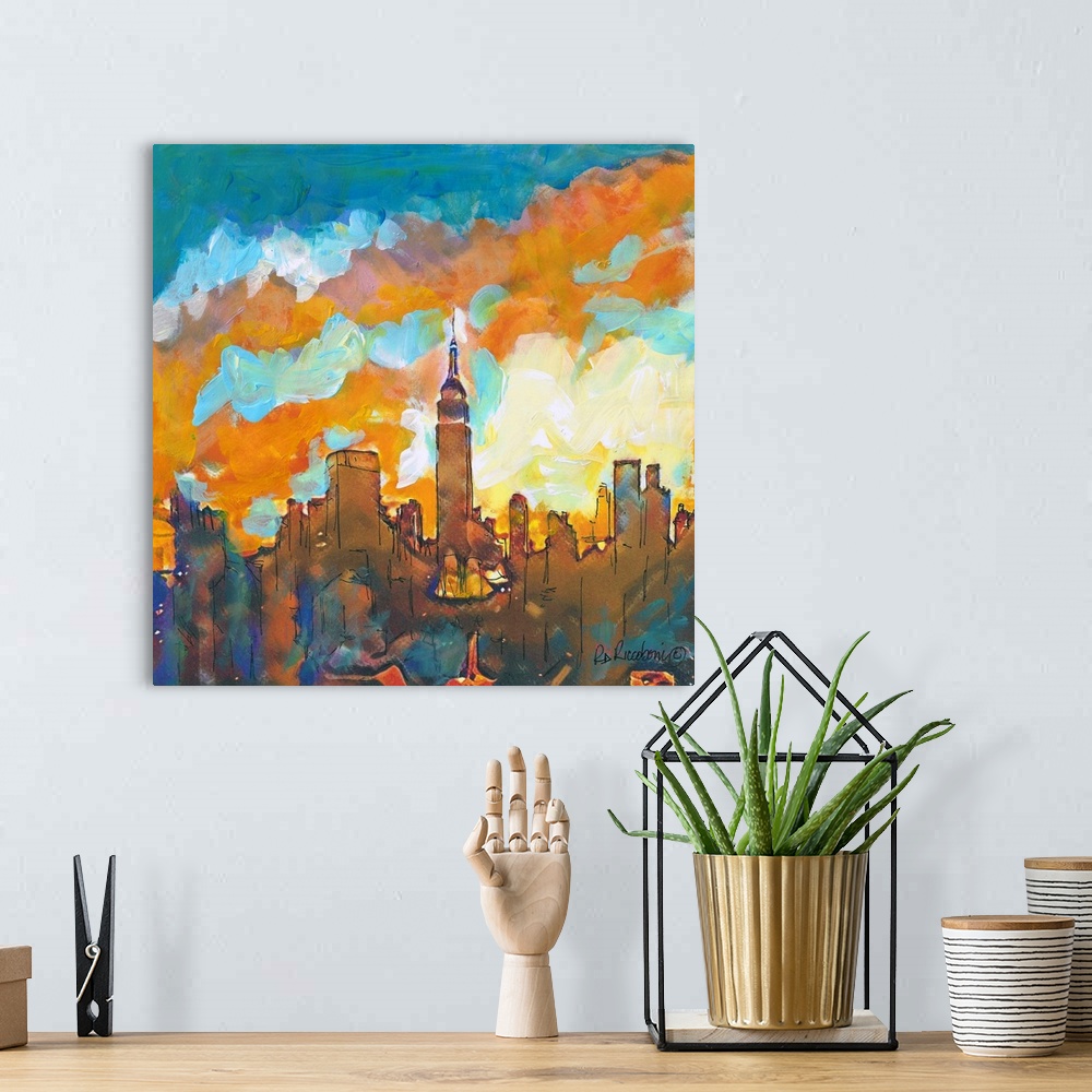A bohemian room featuring A Sunset in Manhattan by artist RD Riccoboni. The contemporary scene shows the architectural New ...