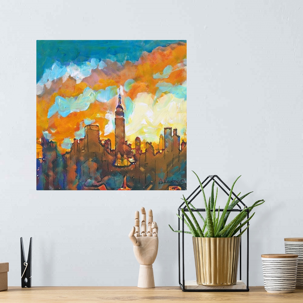 A bohemian room featuring A Sunset in Manhattan by artist RD Riccoboni. The contemporary scene shows the architectural New ...