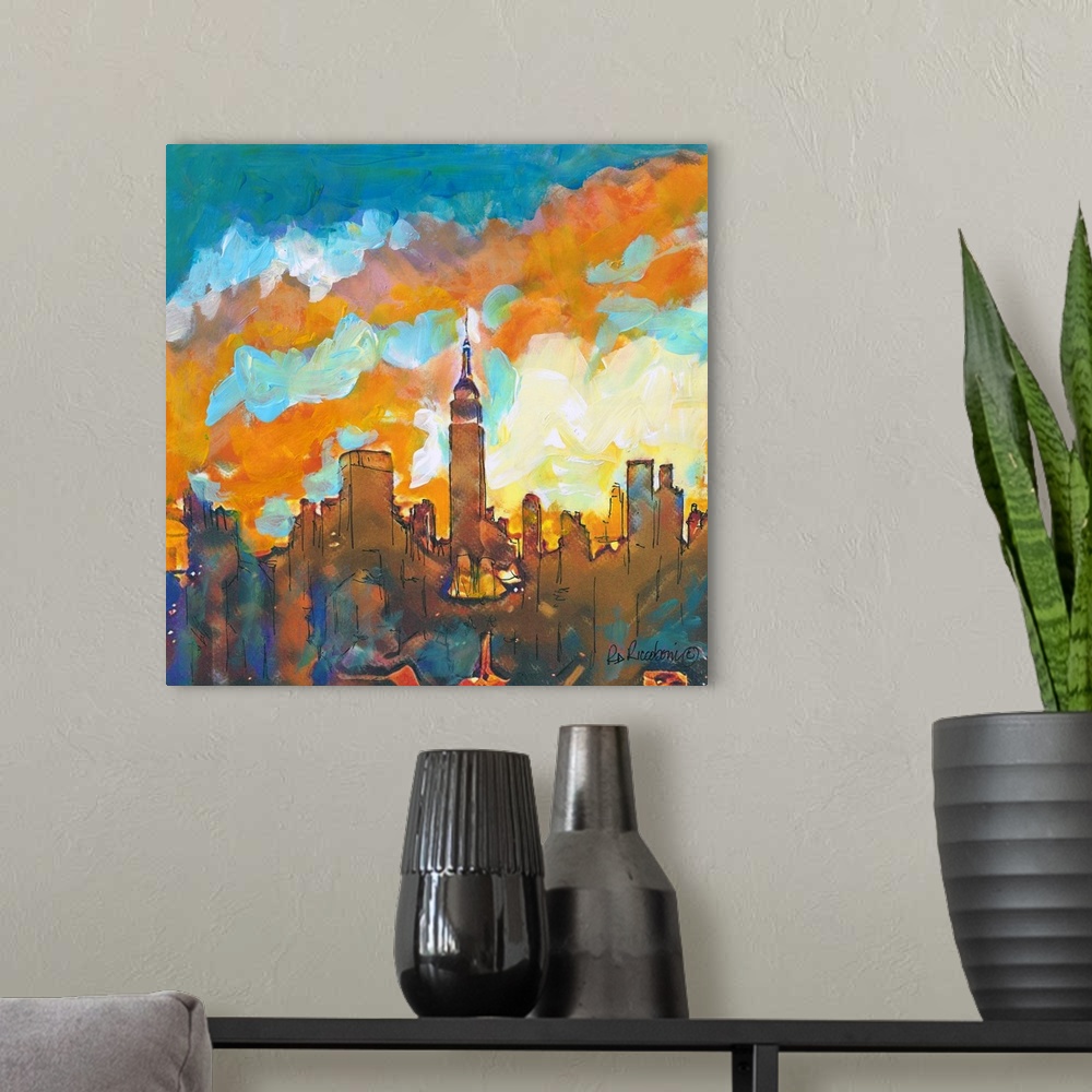 A modern room featuring A Sunset in Manhattan by artist RD Riccoboni. The contemporary scene shows the architectural New ...