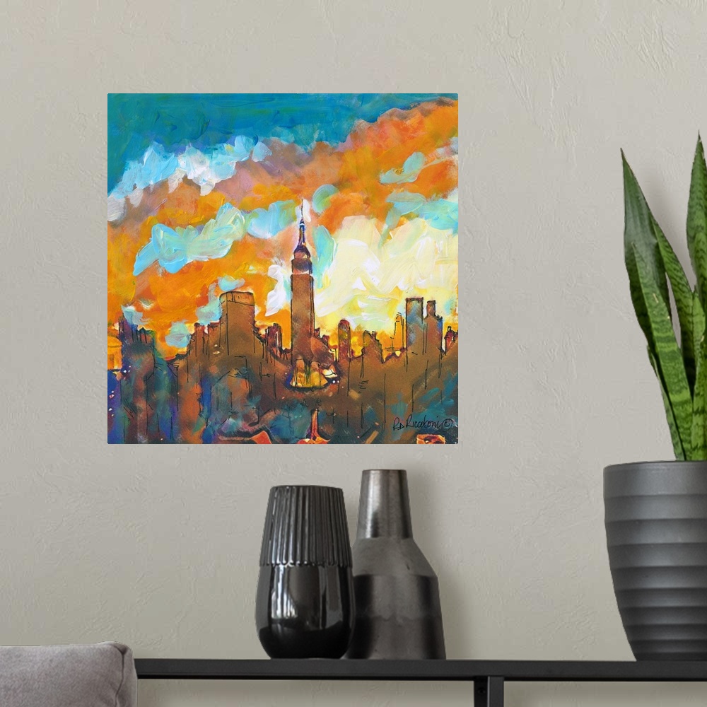A modern room featuring A Sunset in Manhattan by artist RD Riccoboni. The contemporary scene shows the architectural New ...