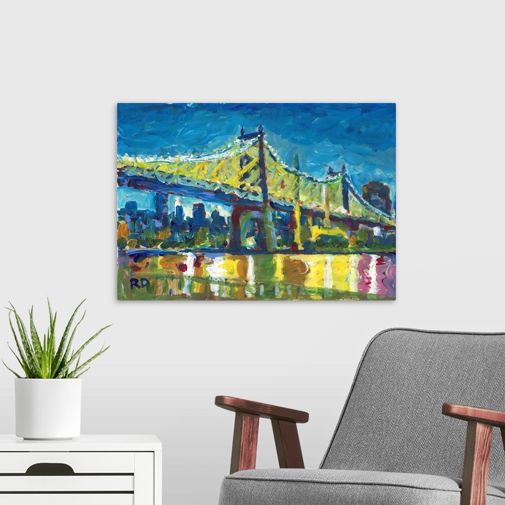 A modern room featuring New York City Queensboro Bridge, Ed Koch Bridge at Night, by RD Riccoboni. Manhattan skyline alon...