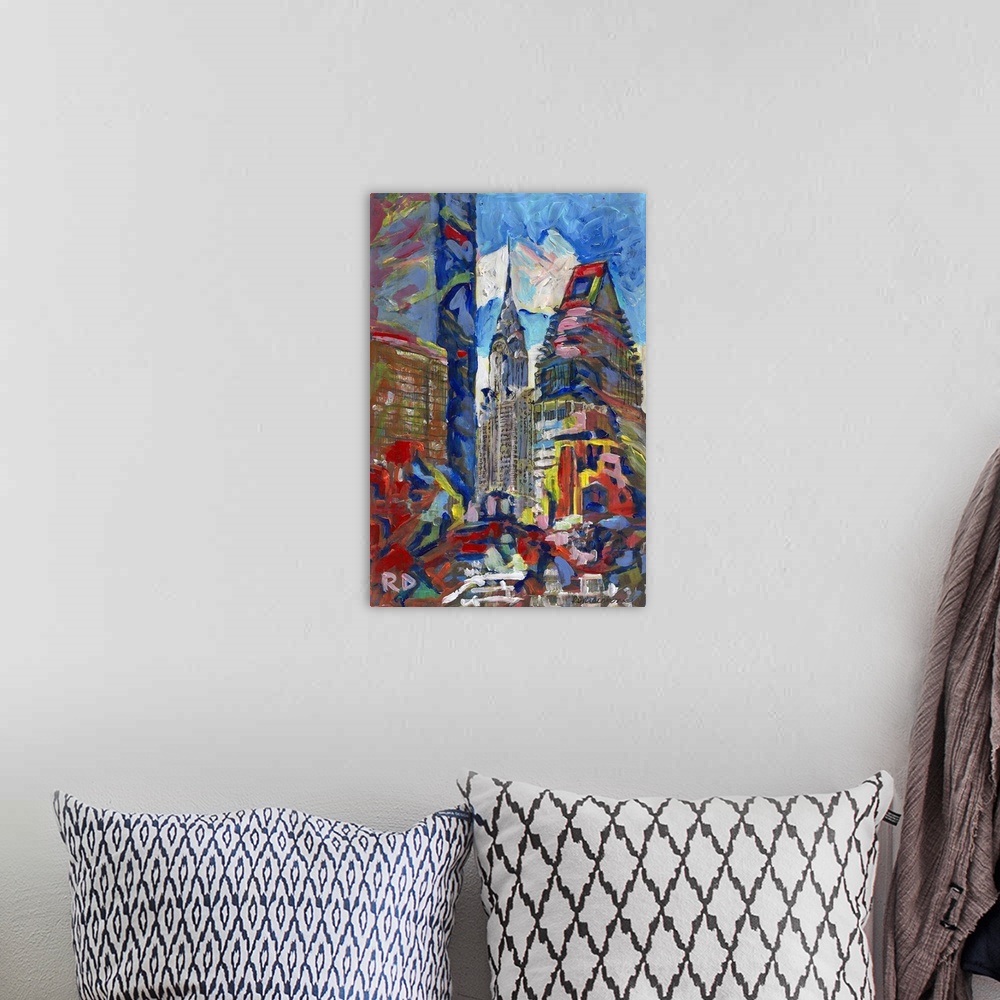 A bohemian room featuring New York City Skyscrapers with Chrysler Building painting by RD RIccoboni.