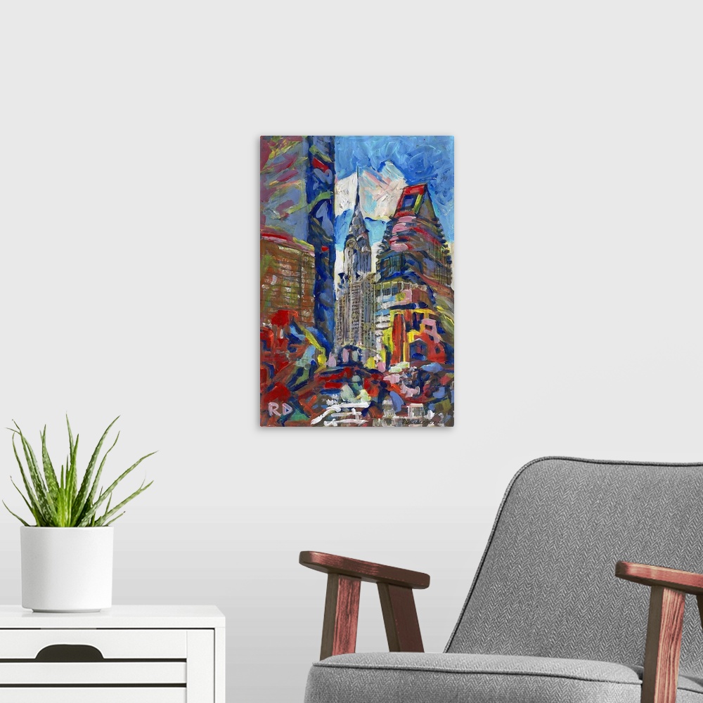 A modern room featuring New York City Skyscrapers with Chrysler Building painting by RD RIccoboni.
