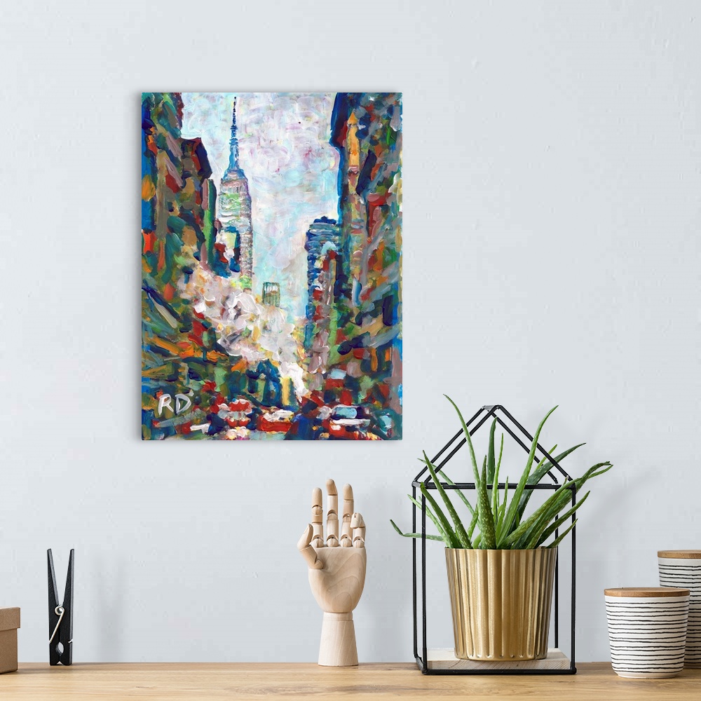 A bohemian room featuring NYC, Winter Steam on Fifth Avenue with Empire State Building by RD Riccoboni, Abstract painting o...