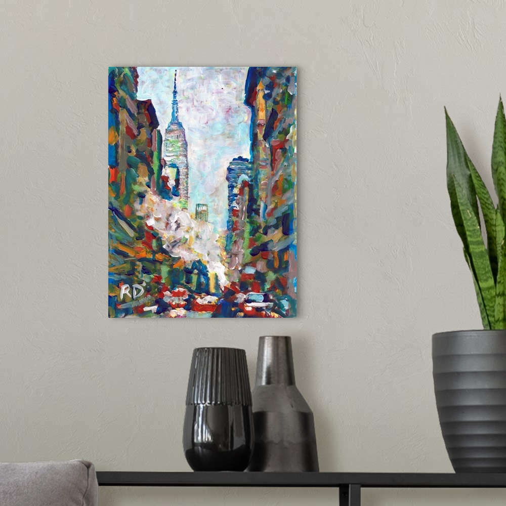 A modern room featuring NYC, Winter Steam on Fifth Avenue with Empire State Building by RD Riccoboni, Abstract painting o...