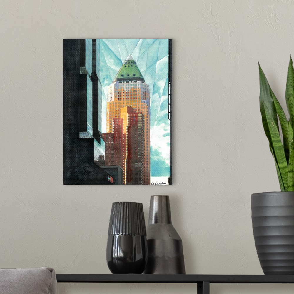 A modern room featuring The Plains of Reality. New York Sky Scape by RD Riccoboni. Geometric abstract reflections in the ...